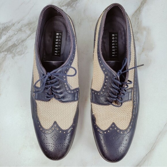 Fratelli Rossetti Men\'s Navy Cream Woven Leather Wingtip Derby Dress Shoes, 10 main image 10